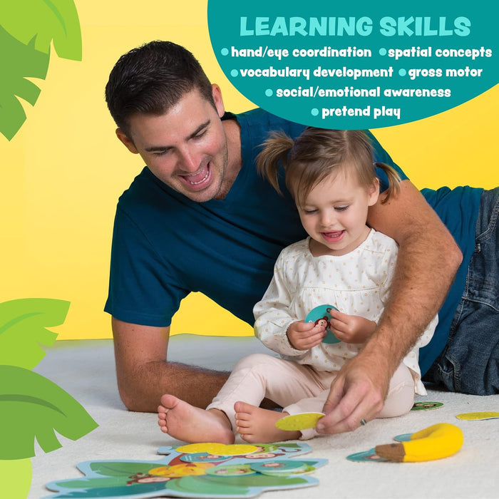 Man and young girl playing with educational toys on a yellow background