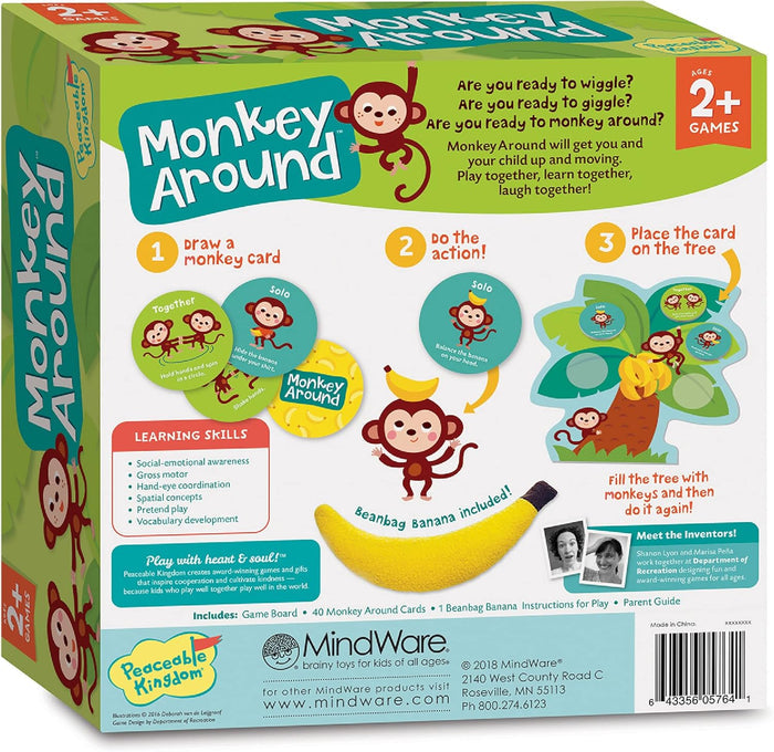 Box of 'Monkey Around' children's game by MindWare with colorful design and monkey illustrations.