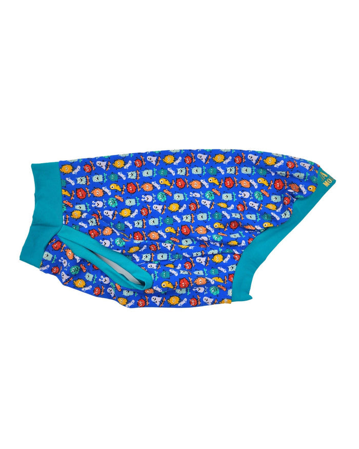 Monster Skateboarders cotton-spandex dog pajamas with turquoise, flat side view