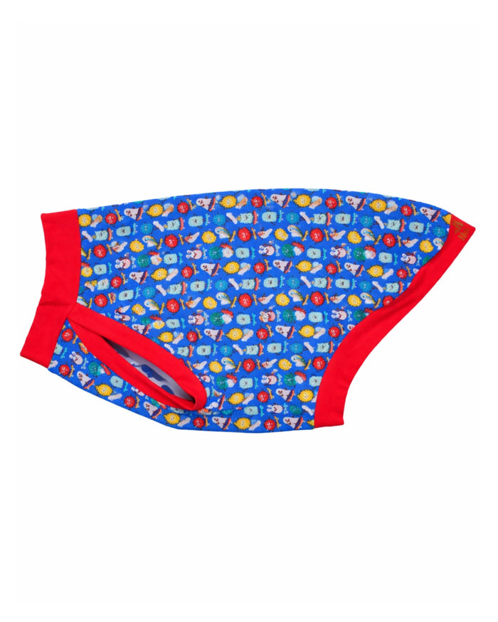 Skateboarding monster cotton-spandex dog pajamas with red trim, flat side view