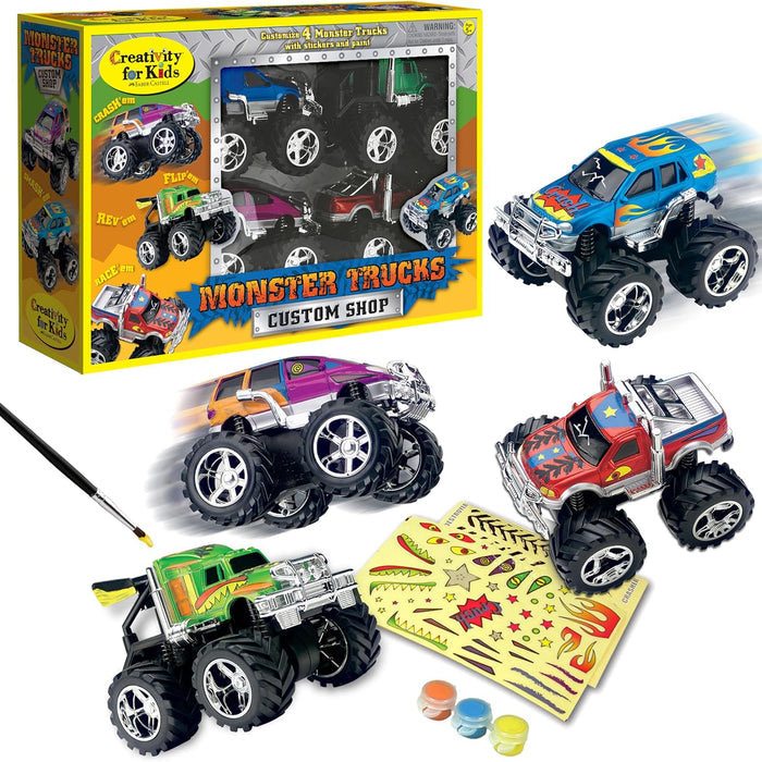 Toy monster trucks set with customizable features and packaging on a white background