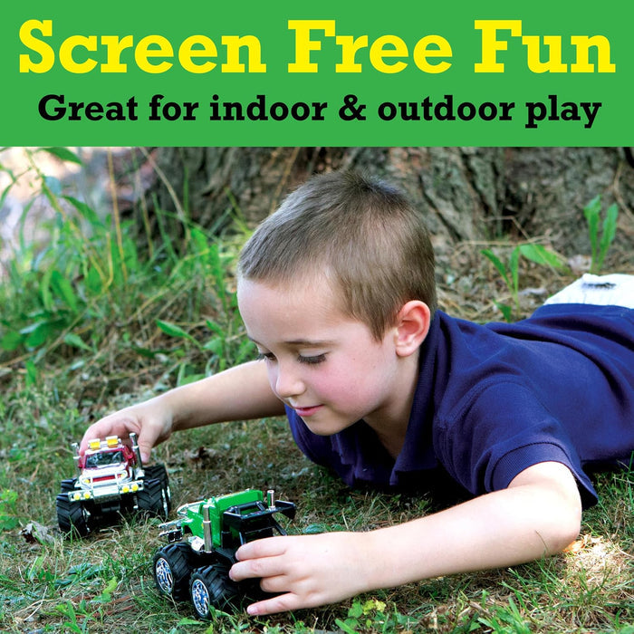 Child playing with toy cars outdoors, promoting screen-free fun.
