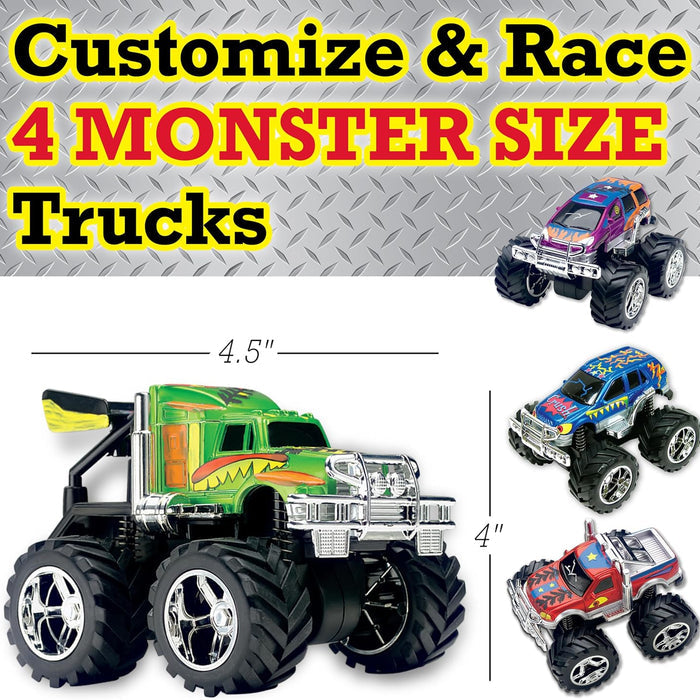Toy monster trucks with customizable and race features on a metallic background