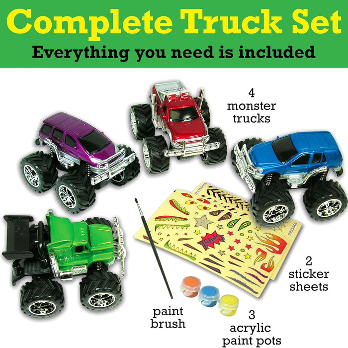 Toy truck set with monster trucks, paint supplies, and stickers on a white background.
