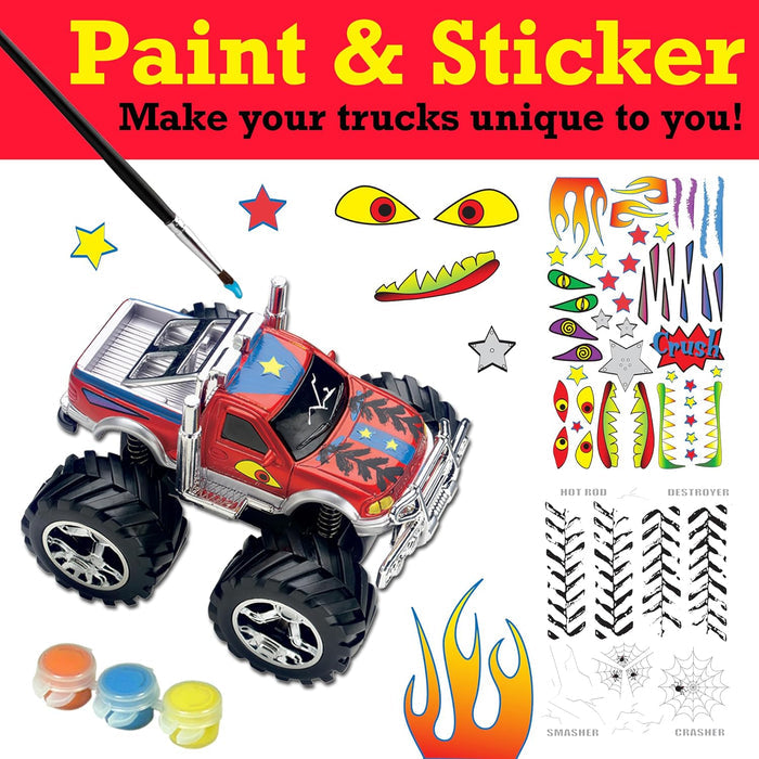 Toy truck with paint and stickers for customization on a white background