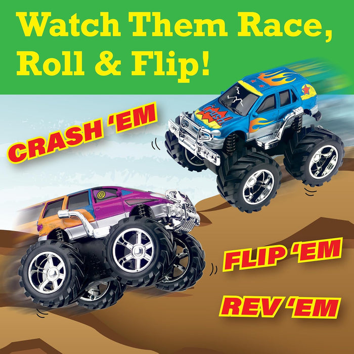 Toy monster trucks racing on a desert background with text 'Watch Them Race, Roll & Flip!'.
