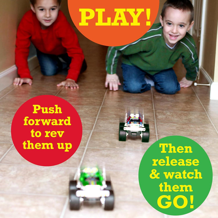 Two children playing with toy cars on a tiled floor, with text instructions overlayed.