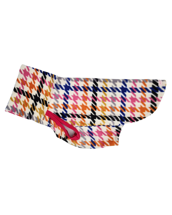 Multicolored Houndstooth fleece dog sweater, flat side view