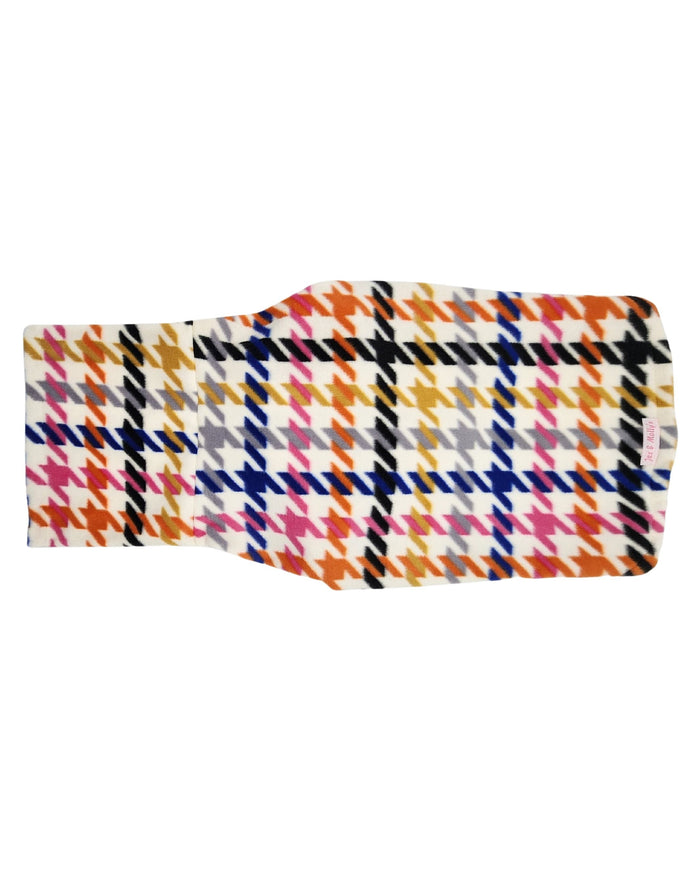 Multicolored Houndstooth fleece dog sweater, flat top view