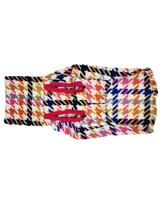 Multicolored Houndstooth fleece dog sweater, flat underside view