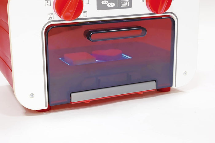 Red and white electronic device with a transparent cover on a white background