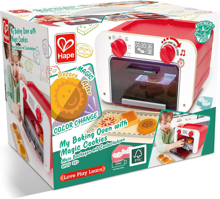Hape toy baking oven packaging with colorful graphics and images of a child using the oven.
