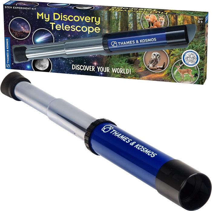 Telescope with 'Thames & Kosmos' branding in front of its packaging