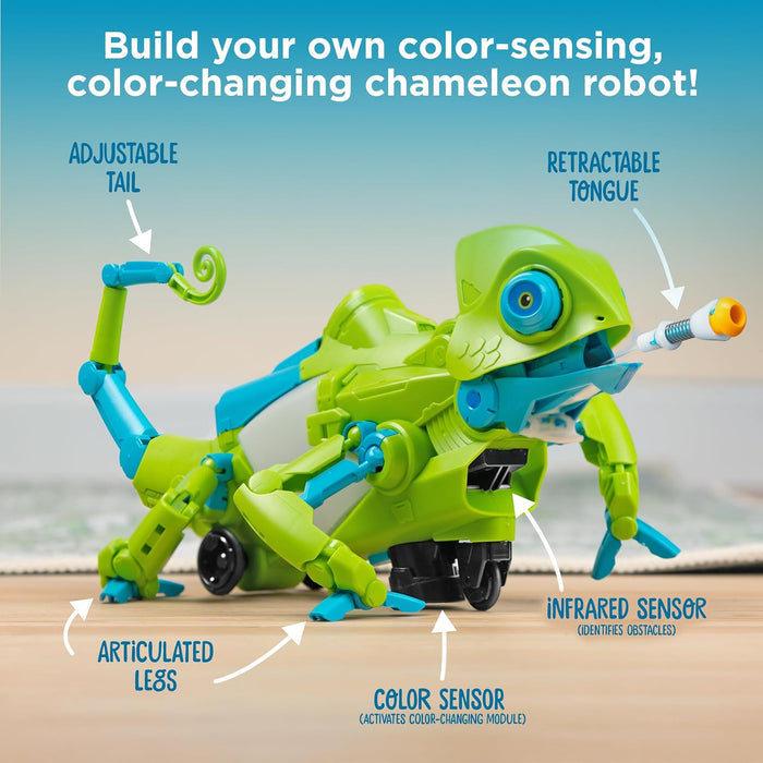 Toy robot chameleon with color-sensing and color-changing features on a wooden surface.
