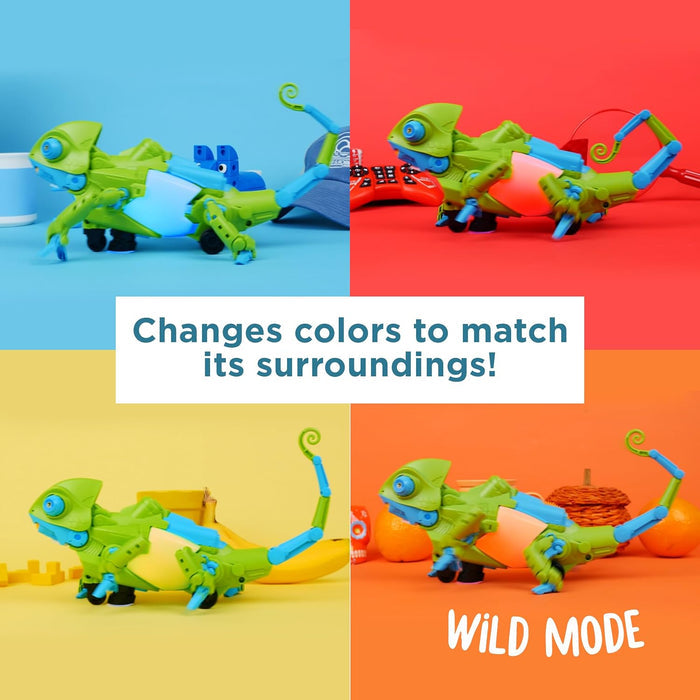Toy chameleon changing colors on a colorful background with text indicating color-changing feature.