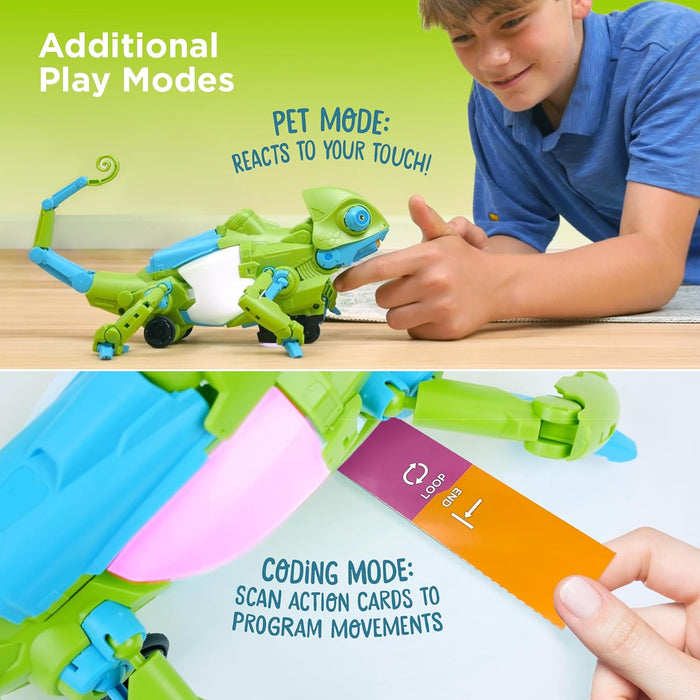 Toy lizard with touch-responsive pet mode and programmable coding mode, featuring a child interacting with it.