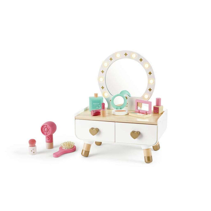 Children's toy vanity set with mirror, drawers, and various accessories on a white background