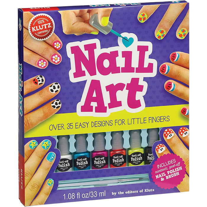 Klutz Nail Art kit packaging with nail polish bottles and design images on a purple background