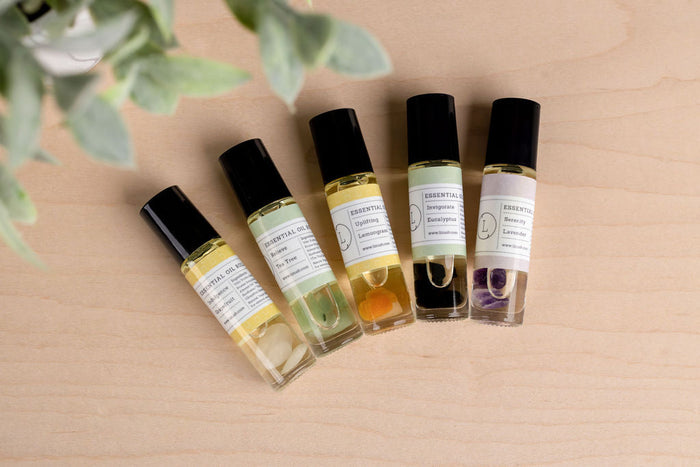 Natural Essential Oil Roll-On Set - Close-up of 5 aromatherapy roller bottles | Lizush