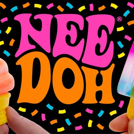 Colorful ice cream cone and popsicle with 'NEE DOH' text on a black background with confetti.