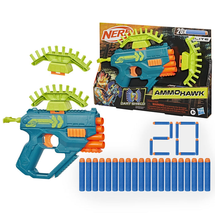 Nerf AmmoHawk toy blaster set with lime green dart shields, orange accents, 20 blue foam darts, and the product box on a white background.