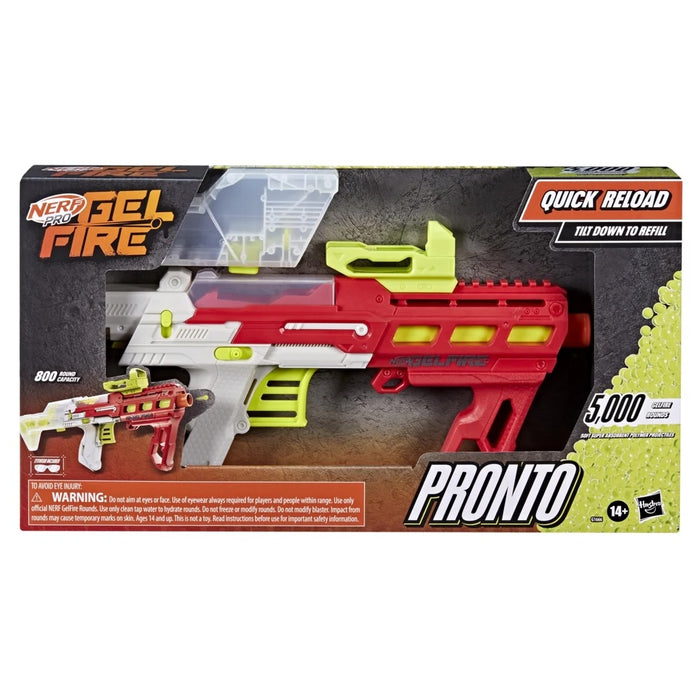 Nerf gun packaging with red and green colors on a white background