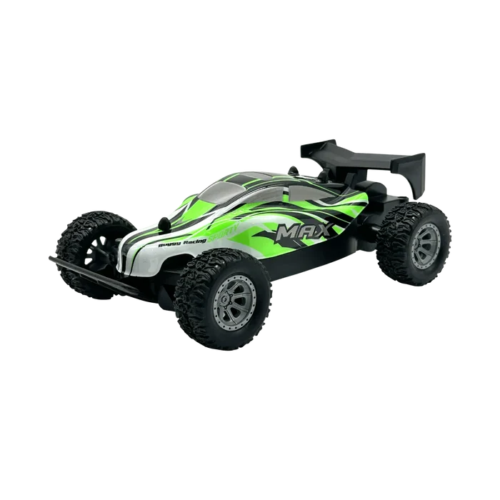 A remote control off-road RC car with a green, black, and white body, featuring large knobby tires and a black rear wing, shown on a plain white background.