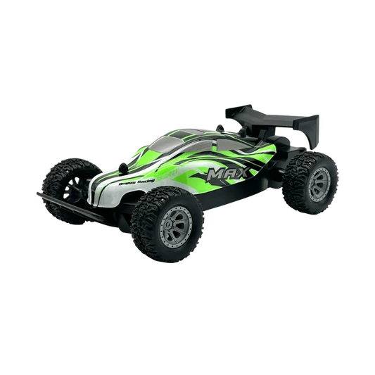 A remote control off-road RC car with a green, black, and white body, featuring large knobby tires and a black rear wing, shown on a plain white background.
