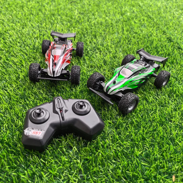 Two remote control cars on grass with a controller in front