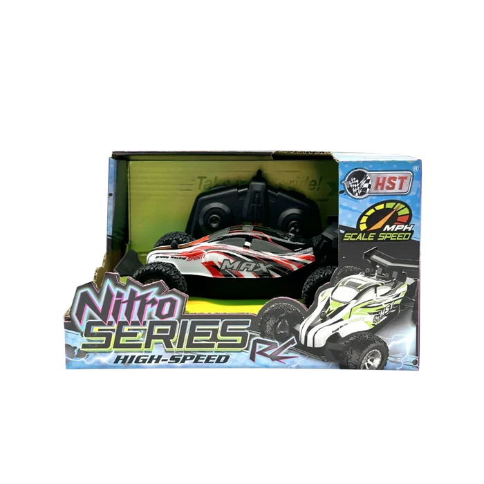 A boxed high-speed remote control RC buggie set labeled 'Nitro Series RX' with the vehicle and black remote controller visible inside retail packaging on a white background.