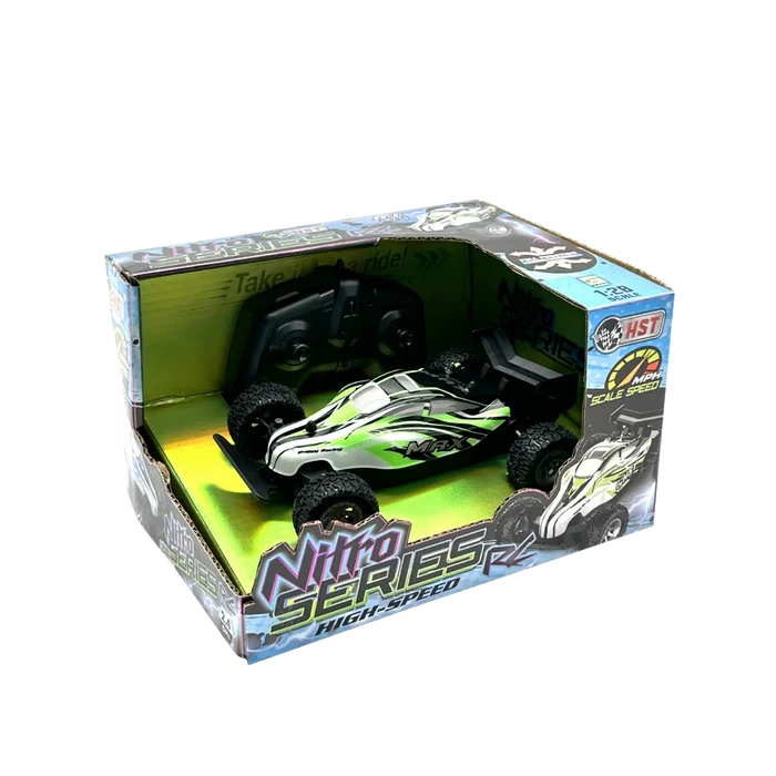 A boxed remote-controlled off-road toy car labeled 'Nitro Series 2' with a black and white body and green graphics, shown inside its retail packaging on a plain white background.