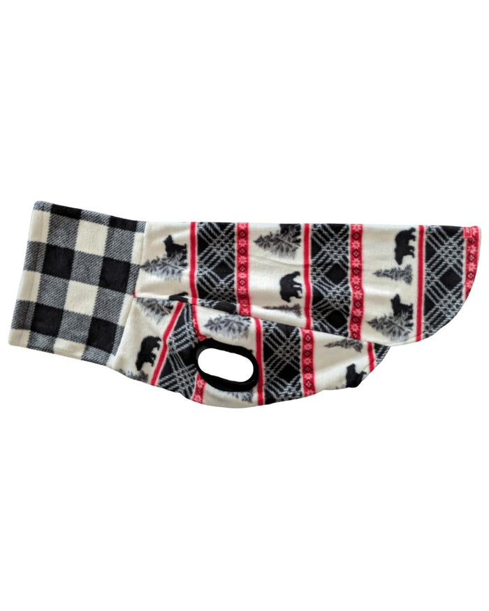 Nordic bear plaid fleece dog sweater, flat side view