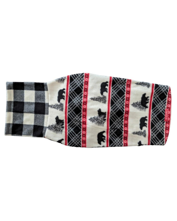 Nordic bear plaid fleece dog sweater, flat back view