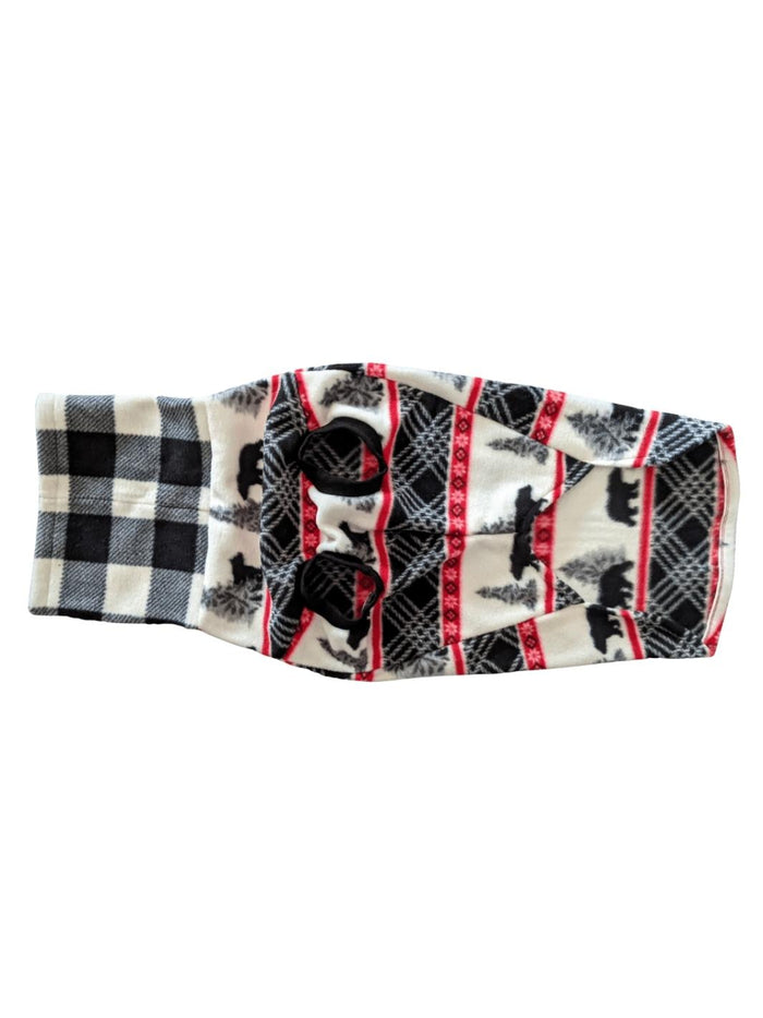 Nordic bear plaid fleece dog sweater, flat underbelly view