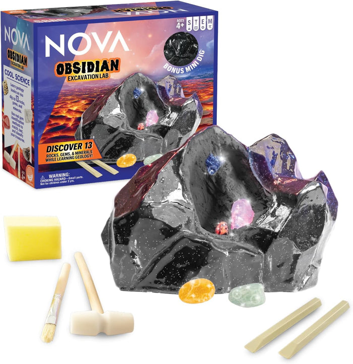Nova Obsidian excavation kit with rocks, tools, and packaging on a white background