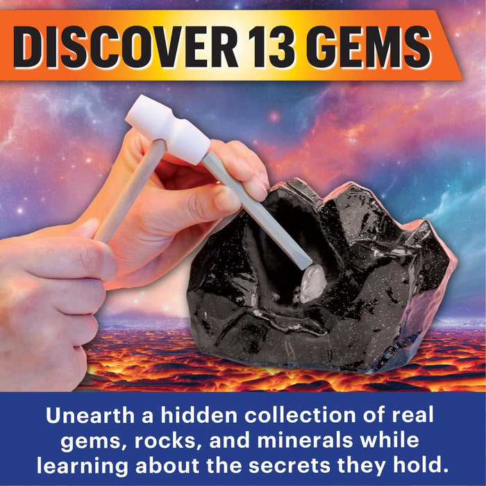 Promotional image of a gemstone discovery kit with text about exploring real gems, rocks, and minerals.