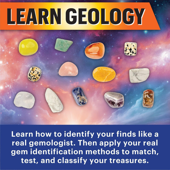 Geology-themed promotional graphic with rocks and minerals against a colorful space background, featuring text about learning geology.
