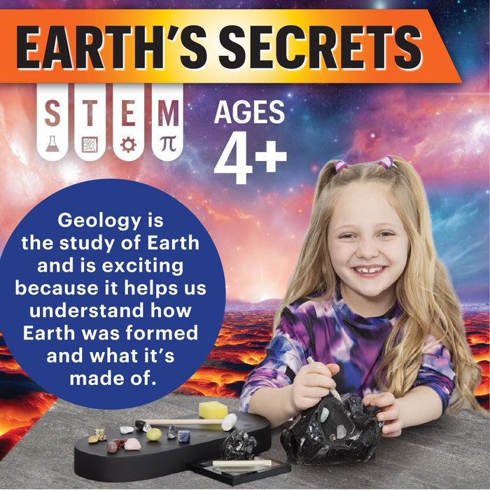 Advertisement for 'Earth's Secrets' STEM educational product for ages 4+, featuring a child with geological samples.