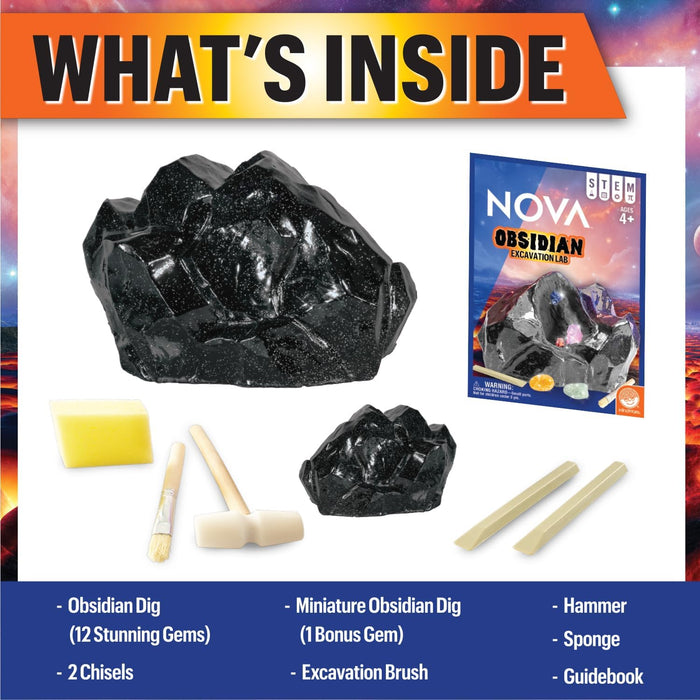 Nova Obsidian Excavation Kit with obsidian rocks, tools, and packaging on a colorful background.
