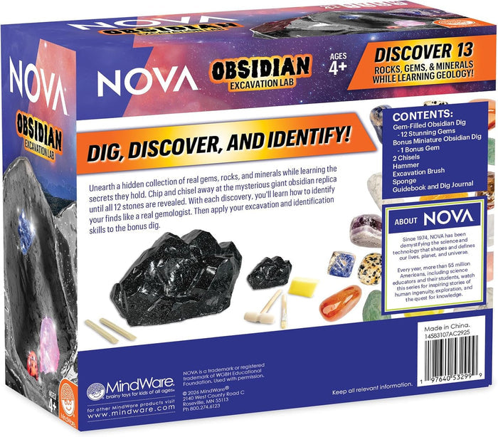 NOVA Obsidian Excavation Lab packaging with geological elements and branding.