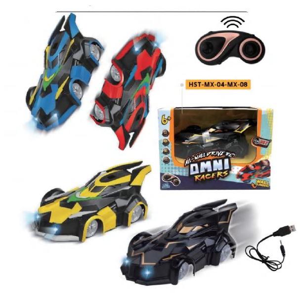 Colorful toy remote control cars and packaging on a white background