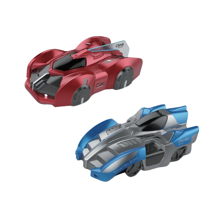 Two futuristic toy race car RC's on a plain white background: one metallic red car and one metallic blue-and-gray car.