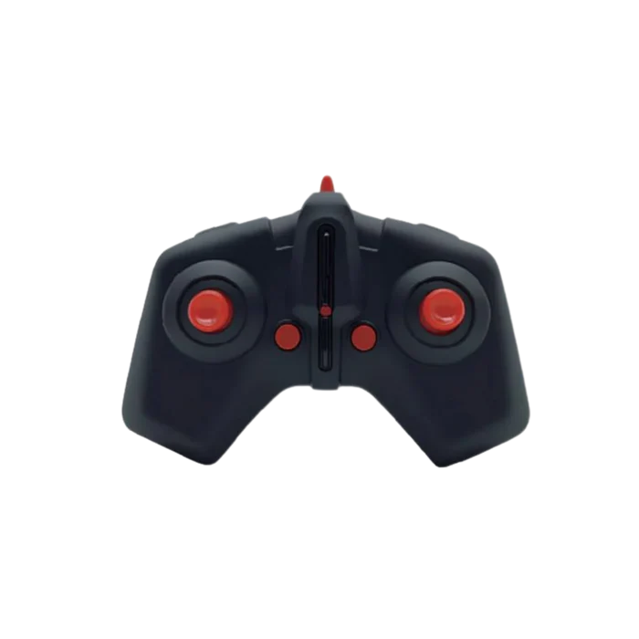 A black wireless remote control with two red thumbsticks and red buttons, shown against a plain white background.