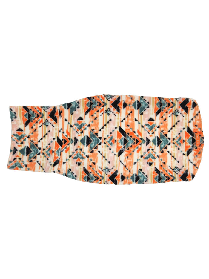 Top view of Jax & Molly's Orange Mantis dog sweater adorned with an orange aztec print.