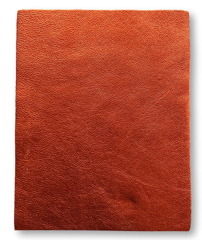 Orange Metallic Cowhide Sheets, 8.5 × 11 in pre-cut sheet showing color, grain, and finish