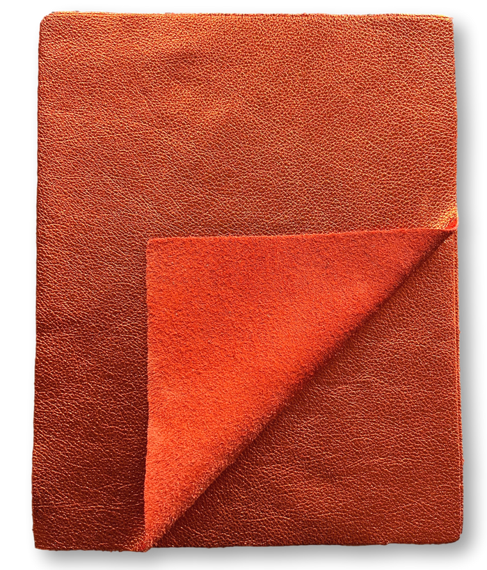 Orange Metallic Cowhide Sheets, 8.5 × 11 in pre-cut sheet showing color, grain, and finish