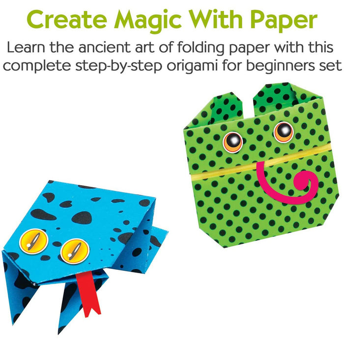 Two origami creations, a blue spotted frog and a green spotted insect on a white background