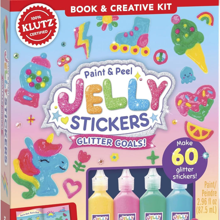 Box of 'Paint & Peel Jelly Stickers' creative kit with colorful designs and KLUTZ branding.