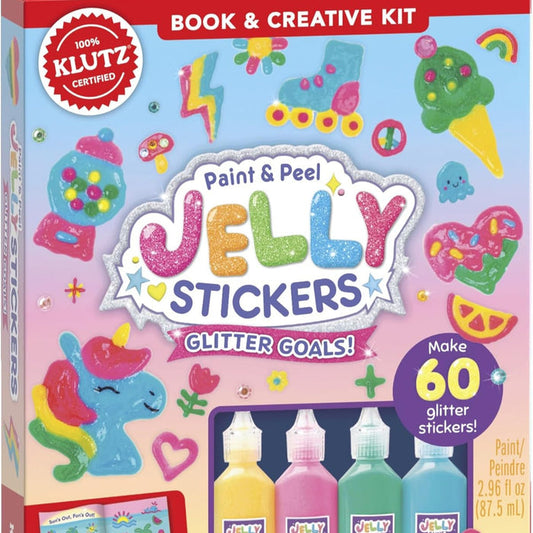 Box of 'Paint & Peel Jelly Stickers' creative kit with colorful designs and KLUTZ branding.