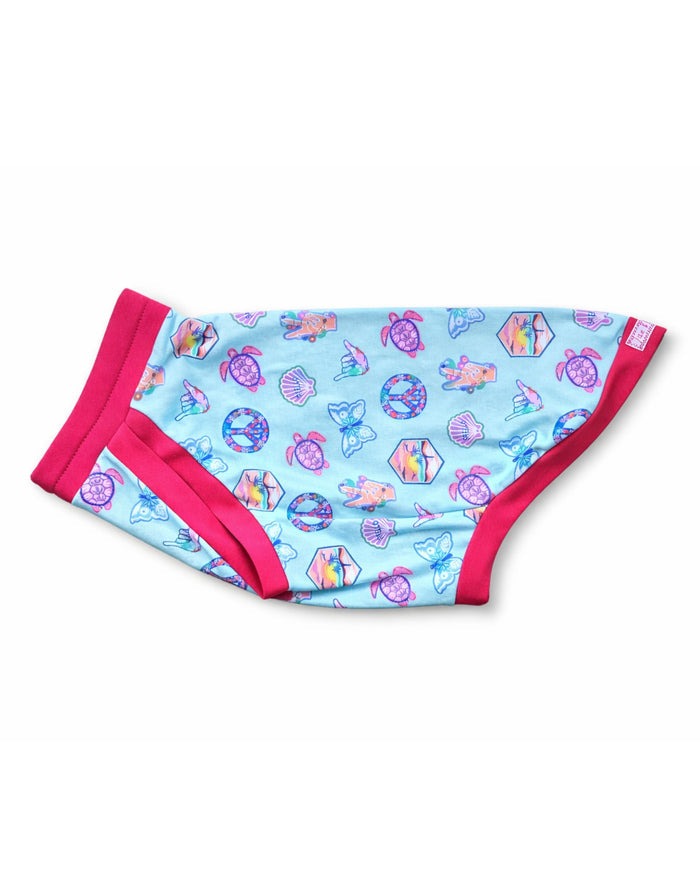 Pastel Ocean Icons cotton-spandex dog pajamas with fuchsia trim, flat side view